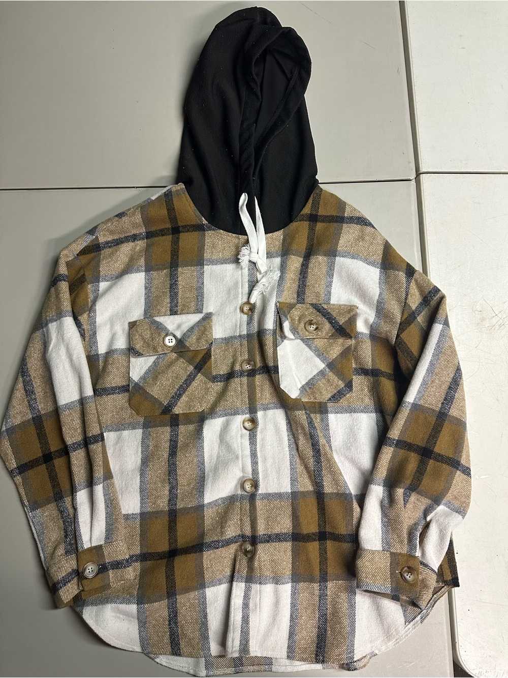 Women’s Plaid Flannel Button-Up Shirt with Hoodie Sz M